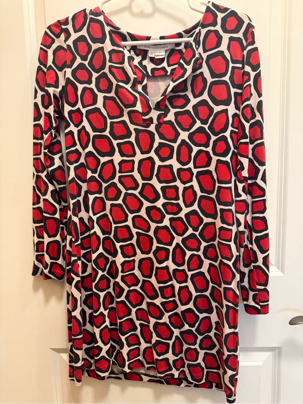 Diane Von Furstenberg Red, Black & Cream Geo-Print Long Sleeve Dress